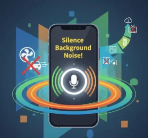 Smartphone with ChatGPT voice mode, silencing fan and traffic noise in green, orange, and blue hues, guiding users to a quiet setup.
