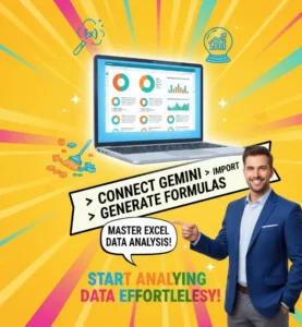 laptop with Excel charts, Gemini Advanced icons, and a professional guiding users on data analysis steps.