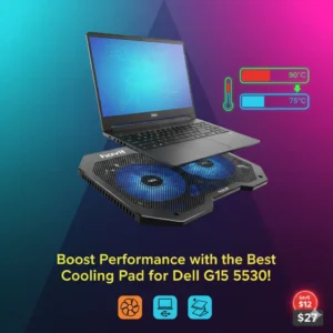 Colorful guide showing temperature drop with the best cooling pad for Dell G15 5530 gaming laptop.