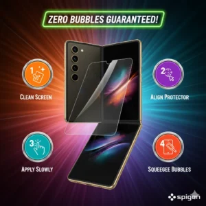 Samsung Z Fold 5 with a bubble-free screen protector and four colorful steps for perfect installation.