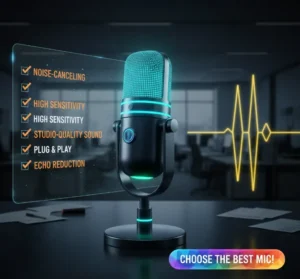 Glowing USB microphone with checklist for noise-canceling features in blue, green, and orange, guiding users to pick the best mic.