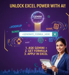 Excel formula bar, Gemini Advanced AI orb, and a 3-step guide for generating formulas in data analysis.