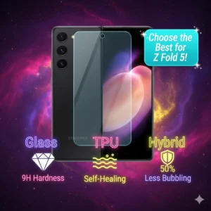 comparing glass, TPU, and hybrid screen protectors for Samsung Z Fold 5 with vibrant colors and stats.