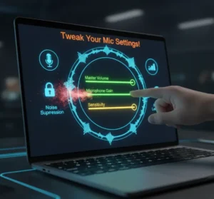 Laptop with sound settings sliders in green and yellow, hand adjusting mic to reduce noise, guiding ChatGPT voice mode setup.