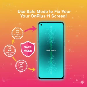 OnePlus 11 in Safe Mode, with a green line fading, showing steps to enter Safe Mode on a vibrant turquoise-pink background.