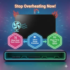three steps to prevent Samsung TV overheating, featuring a fan, surge protector, and open space icons.