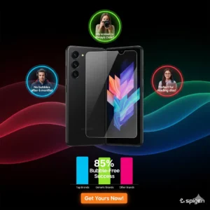 Samsung Z Fold 5 with user testimonials and a colorful bar graph highlighting bubble-free screen protector success.