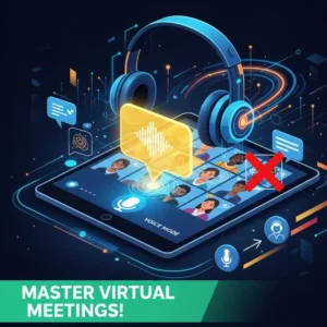 Headset in blue and orange over virtual meeting, silencing chatter for clear ChatGPT voice mode audio with guiding icons.
