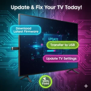 Colorful image guiding Samsung TV firmware update to fix blinking red light, with USB and digital update visuals.