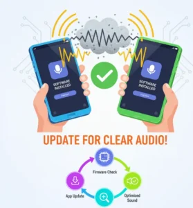 Smartphone and tablet in green and blue with ChatGPT voice mode updates, clearing noise with guiding flowchart in yellow.