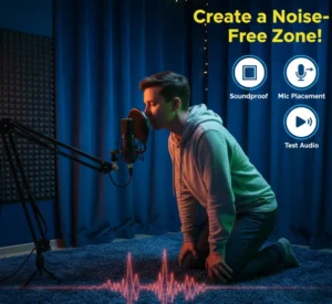 Person speaking into mic in quiet room with soundproofing elements in orange, green, and blue, guiding noise-free ChatGPT setup.