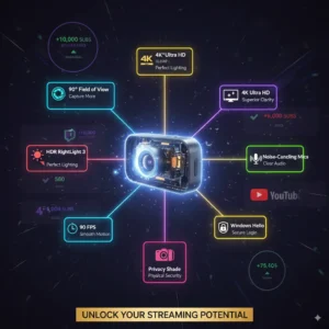 Logitech Brio 4K webcam features breakdown showing HDR technology and streaming capabilities