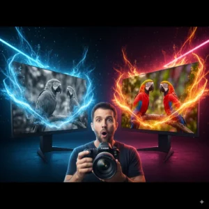 Canon EOS R5 photo editing comparison between standard monitor and ASUS ProArt display showing color accuracy difference