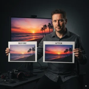 Print quality comparison showing improved color accuracy results using ASUS ProArt monitor for photo editing
