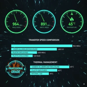 Performance benchmark dashboard showing UGREEN enclosure achieving 964 MB/s read speeds with optimal thermal management