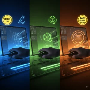 Professional comparing wireless mice performance for Blender 3D modeling workflow efficiency