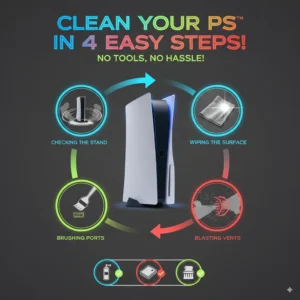 four vibrant steps to clean dust from PS5 without opening it, using microfiber cloth, compressed air, brush, and stand check.