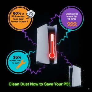 Vibrant infographic highlighting dust impact on PS5 with stats on overheating, repairs, and owner issues, featuring a bold call to clean now.