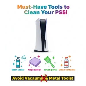 Colorful infographic showcasing tools to clean dust from PS5 without opening it, including compressed air, microfiber cloth, brush, and alcohol.