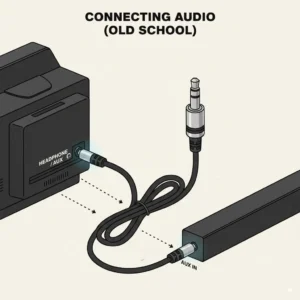 Analog audio connection using a 3.5mm auxiliary cable.