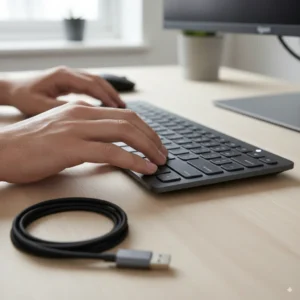 Person powering on the Logitech MX Keys keyboard with LED light showing battery status.