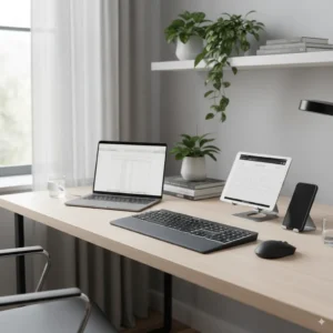 Premium home office with Logitech MX Keys connected to multiple devices in a stylish setup.