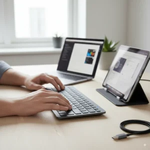 Person switching between laptop and tablet using the MX Keys Easy-Switch button.