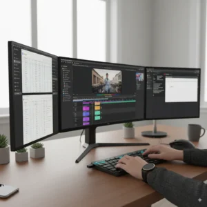 Logitech MX Keys boosting workflow efficiency across multiple devices in a modern office setup.