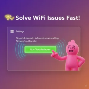Windows 11 Network Troubleshooter with vibrant guide icons.