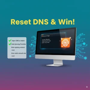 Command Prompt with DNS reset commands in colorful design.