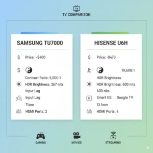 Samsung TU7000 vs Hisense U6H TV specs side by side.