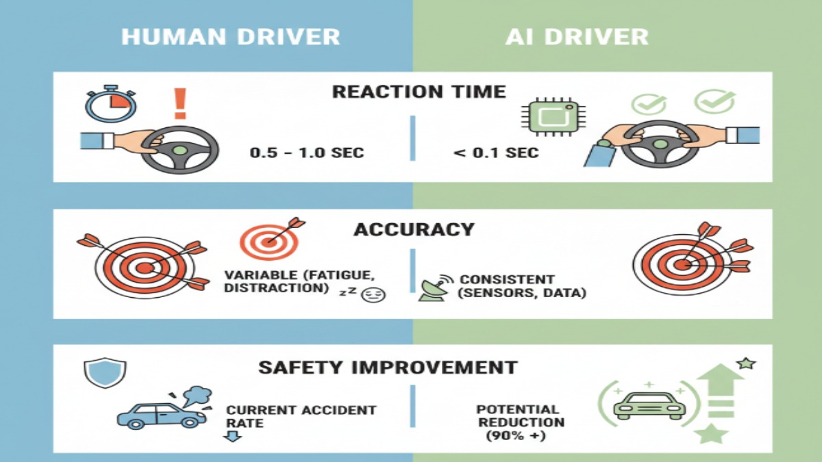 Comparison between human and AI drivers in safety, reaction speed, and accuracy.