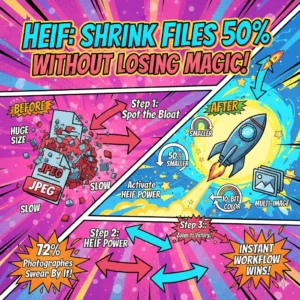 HEIF format explosion graphic with color icons and steps.