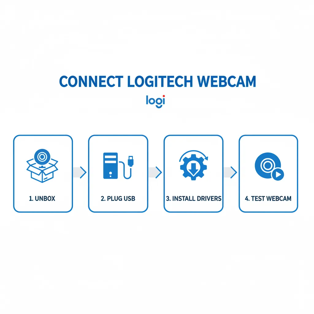 step-by-step Logitech webcam connection to a desktop computer with USB and driver installation icons.