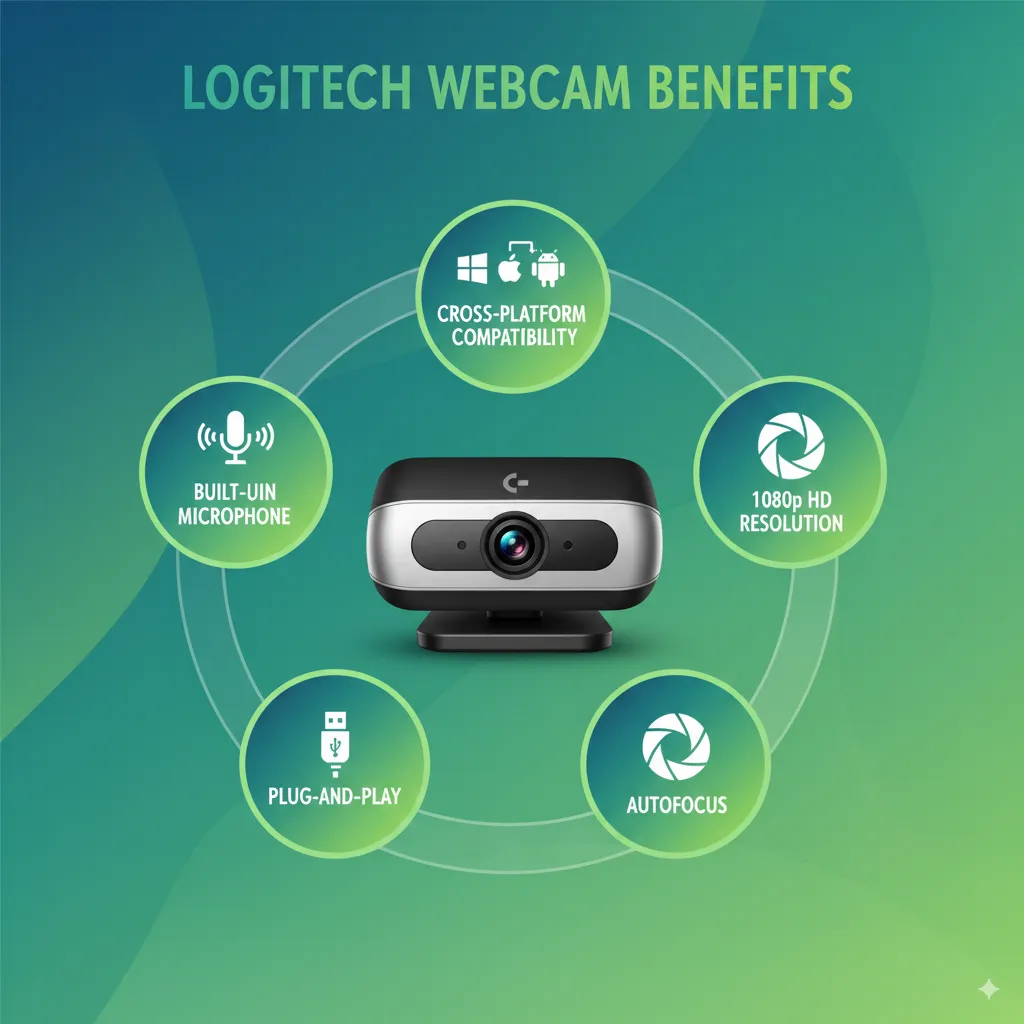 listing Logitech webcam features like HD resolution, autofocus, built-in microphone, and plug-and-play support.