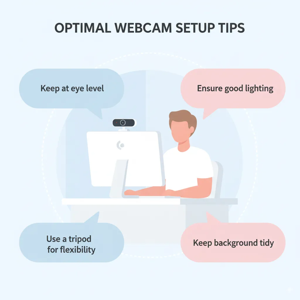 showing correct Logitech webcam positioning at eye level with lighting and background tips.