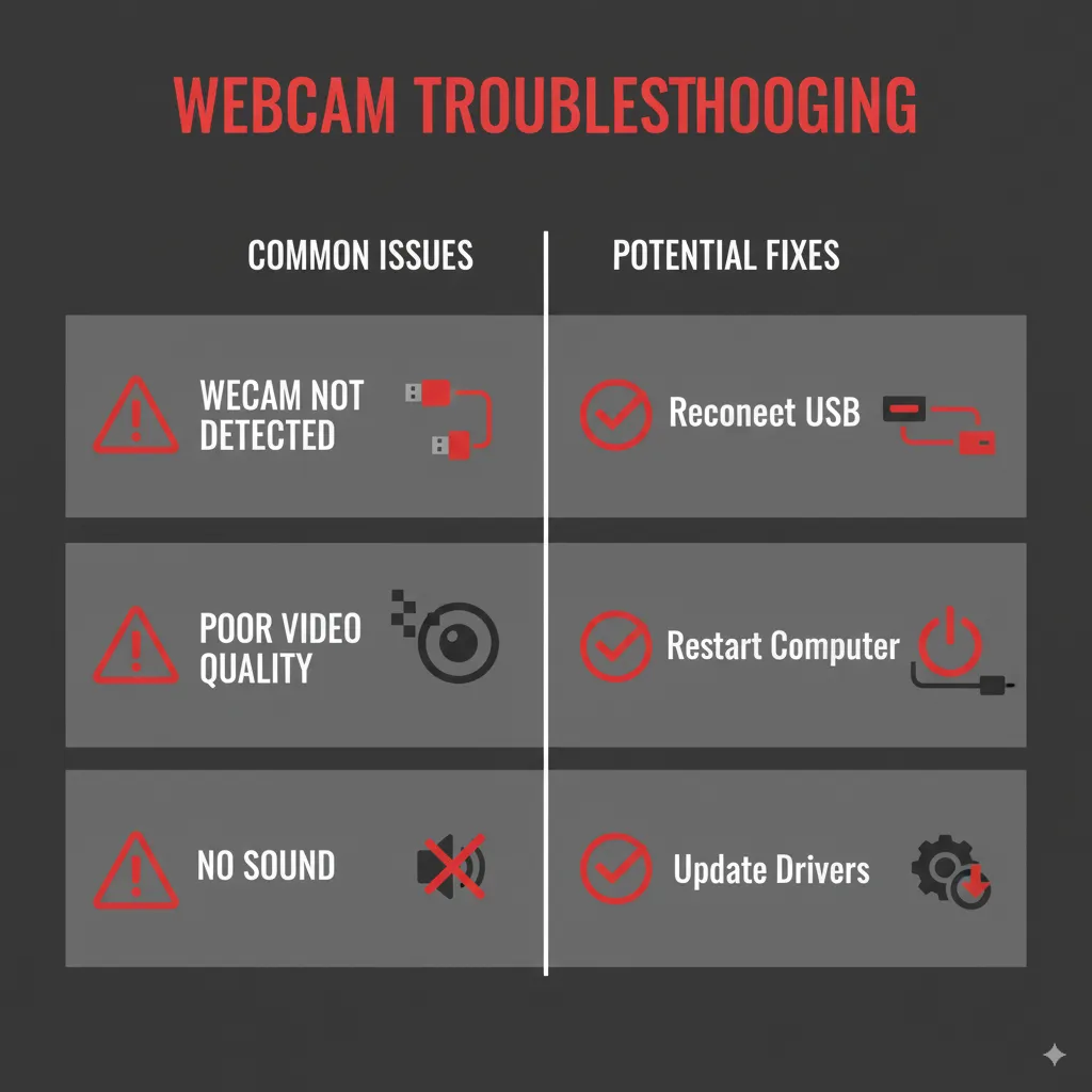 listing common Logitech webcam issues and solutions like reconnecting USB, updating drivers, and restarting the computer.