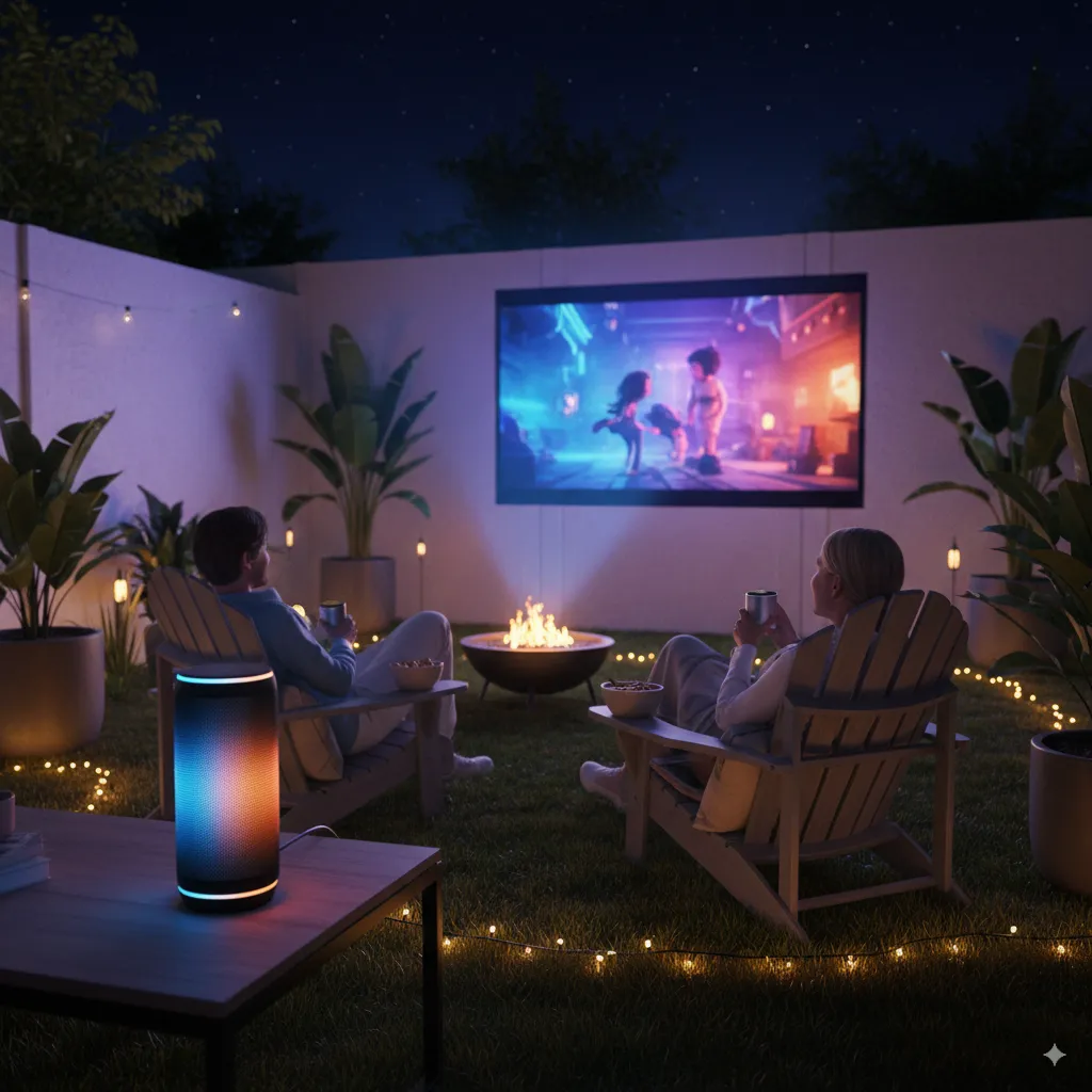 Featured image of an outdoor projector connected to a Bluetooth speaker during a backyard movie night.