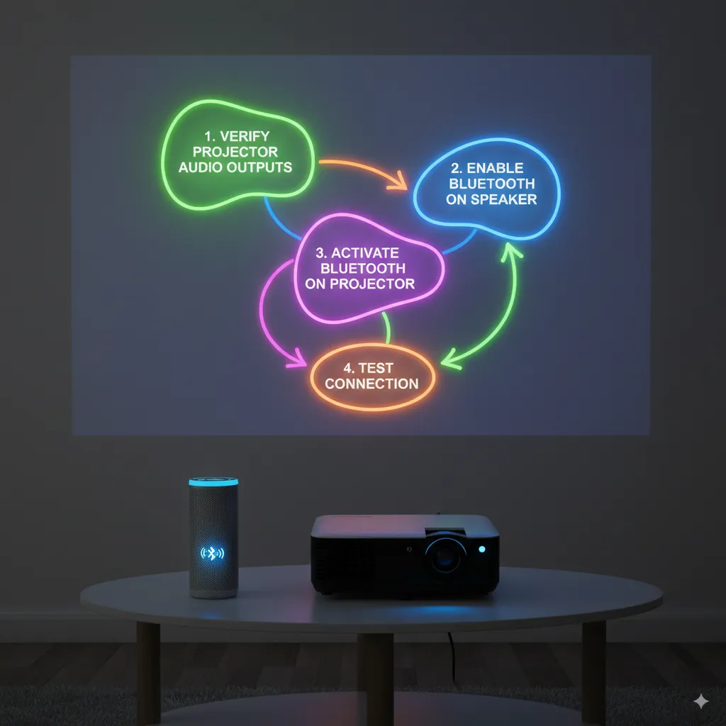 Step-by-step infographic showing how to connect an outdoor Bluetooth speaker to a projector in four steps.