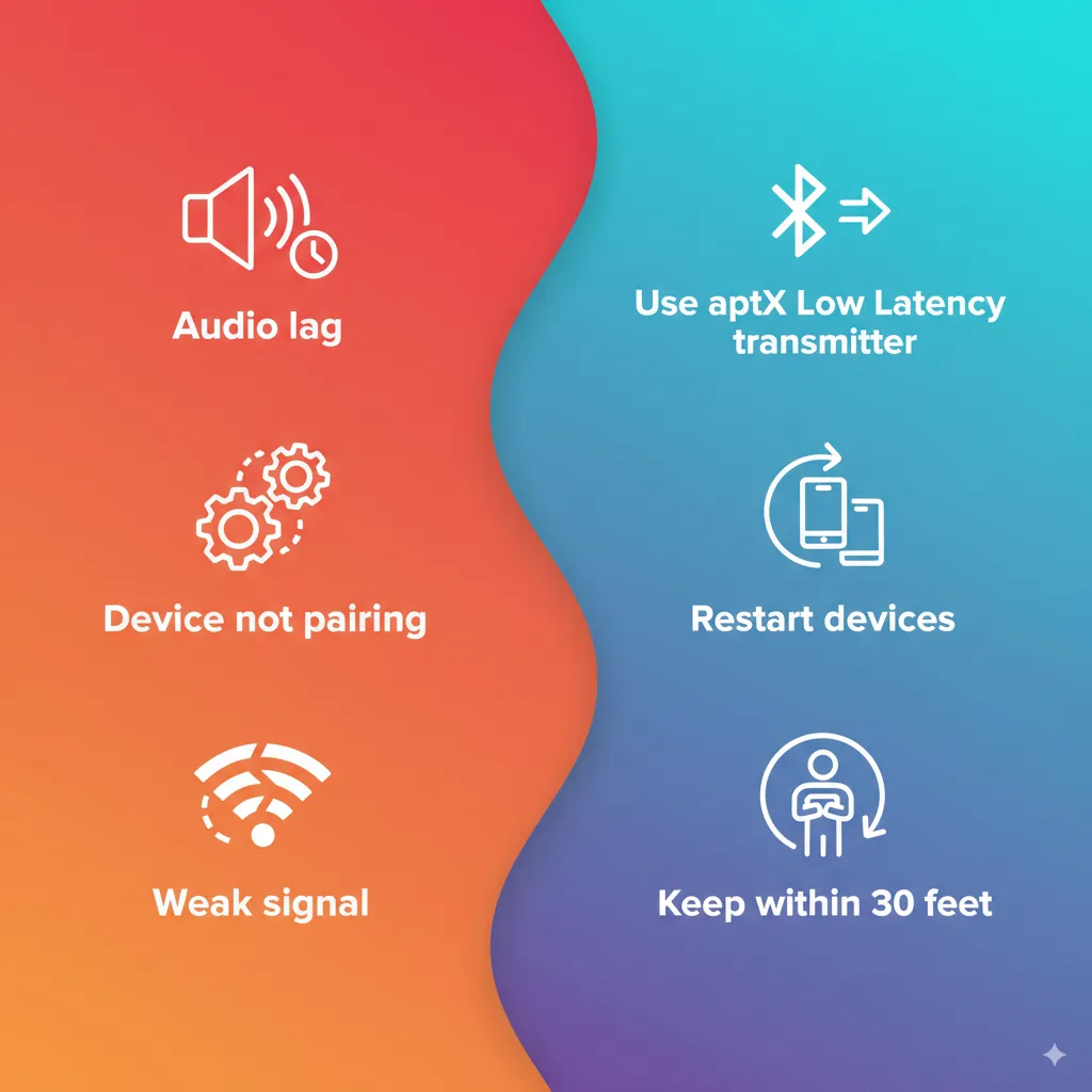 Infographic showing common projector and Bluetooth speaker connection problems with solutions such as using transmitters and keeping devices in range.