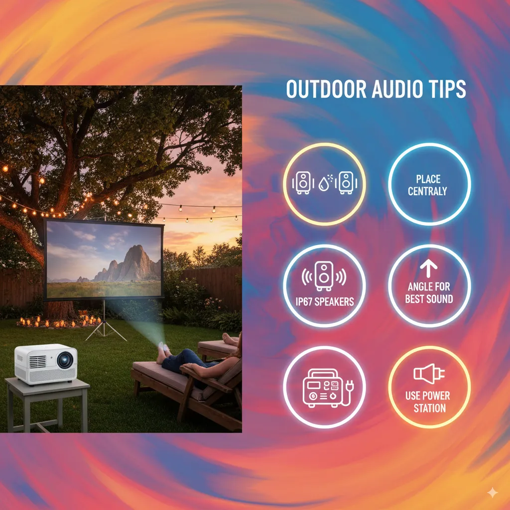 Infographic of outdoor projector and Bluetooth speaker setup with tips like central placement, durable speakers, and stable power.