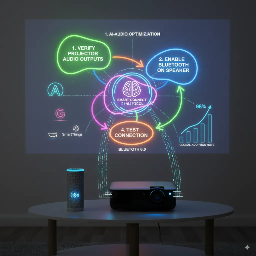 Infographic showing future trends in outdoor entertainment with AI projectors, Bluetooth 6.0 speakers, and smart home integration.